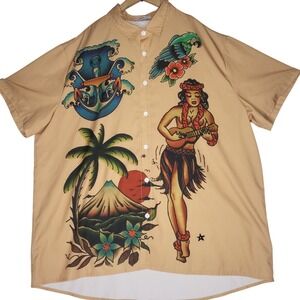 Hawalili Mens 2XL Tan Tattoo Print Hula Girl Short Sleeve Button Up Shirt